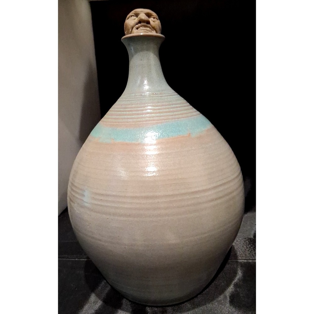 Signed Grover Hand-Thrown Studio Pottery, Bulbous Vase with Face stopper